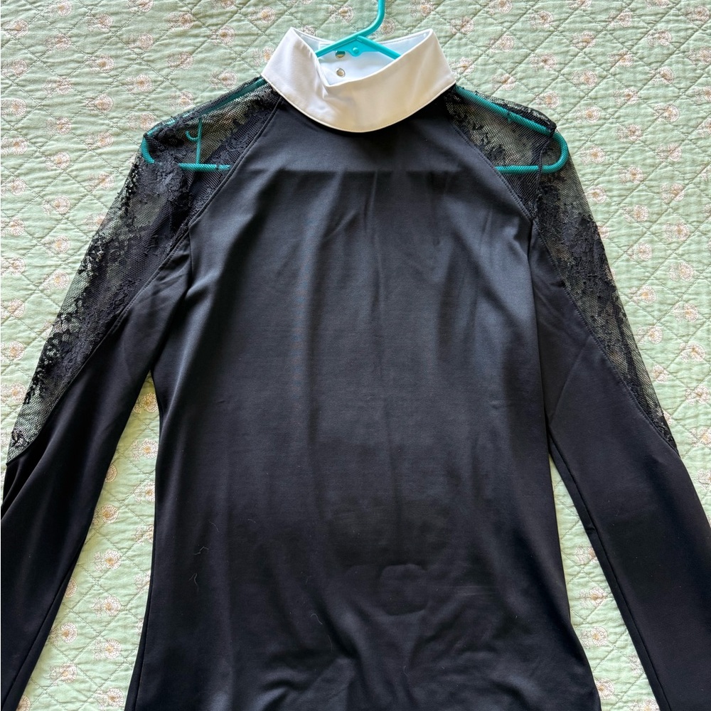Black Long-Sleeve Top with White Mock Collar and Lace Shoulders
